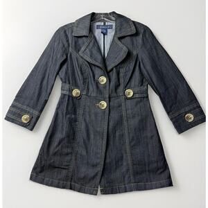BACCINI Blue Denim 60's Inspired 3/4 Sleeve Trench w/ Pockets Big Button Size PS